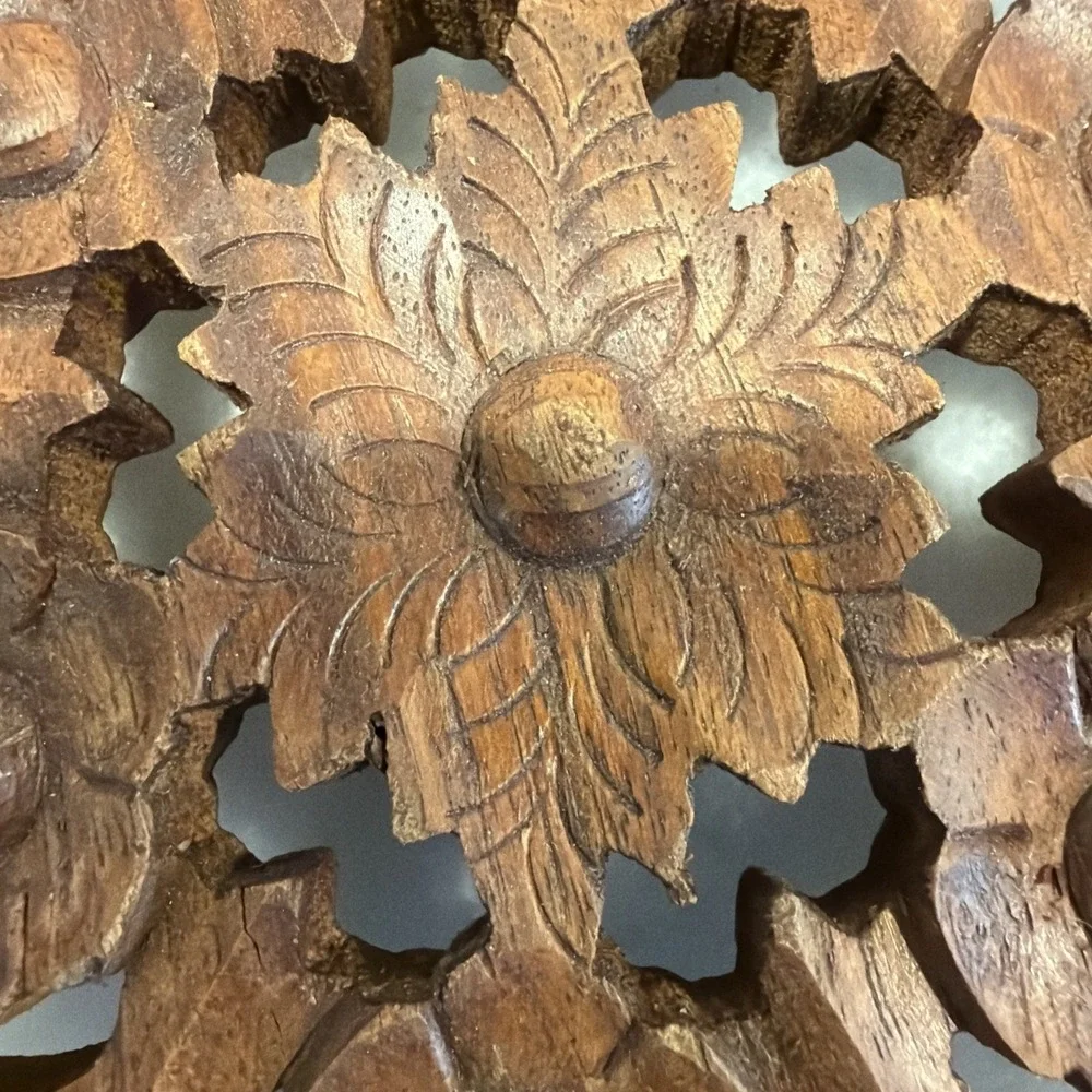 Vintage Hand Carved Wooden Trivet with Handle Made in India 001